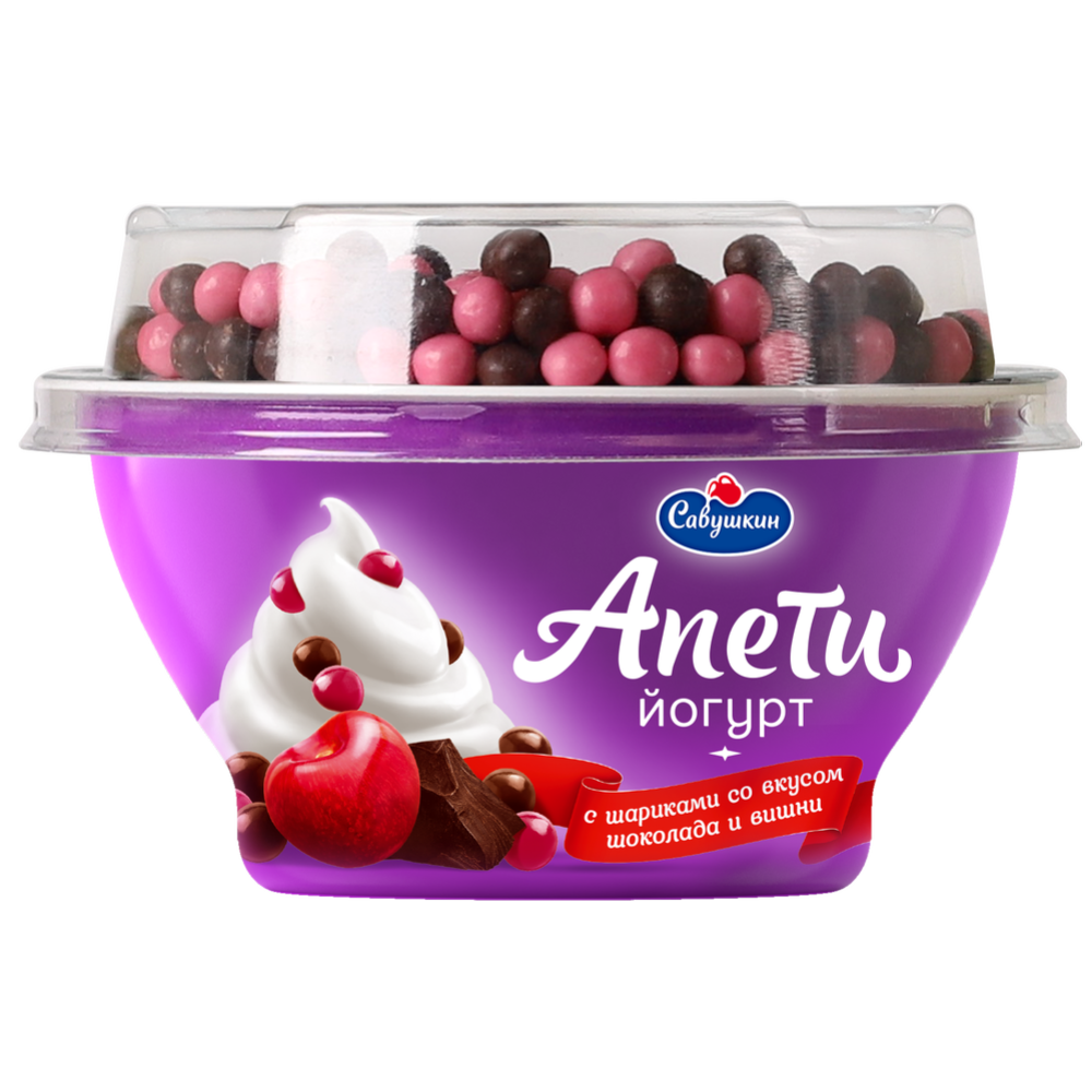 Yogurt “Savushkin” Apetit, with chocolate balls, cherry flavor, 5%, 105 g